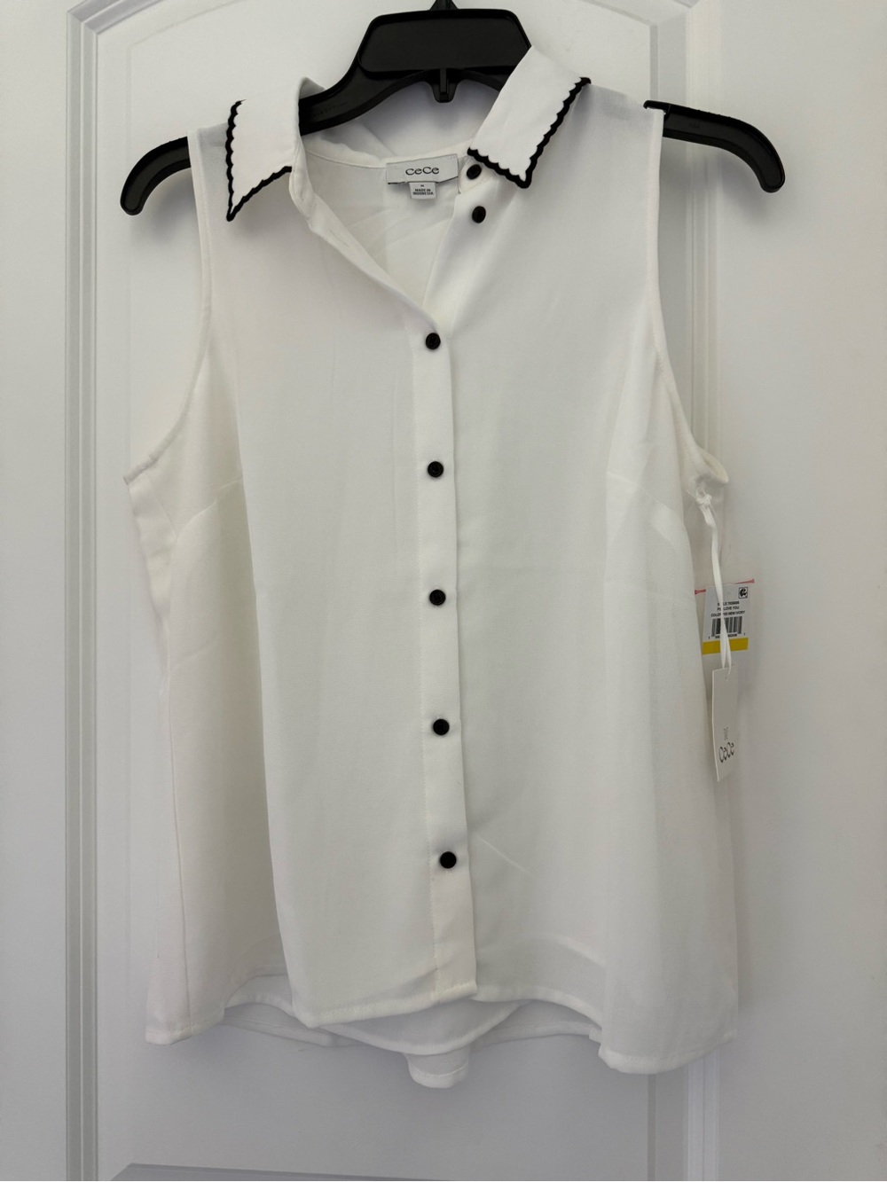 CeCe White Sleeveless Blouse with Black Button & Collar Trim
